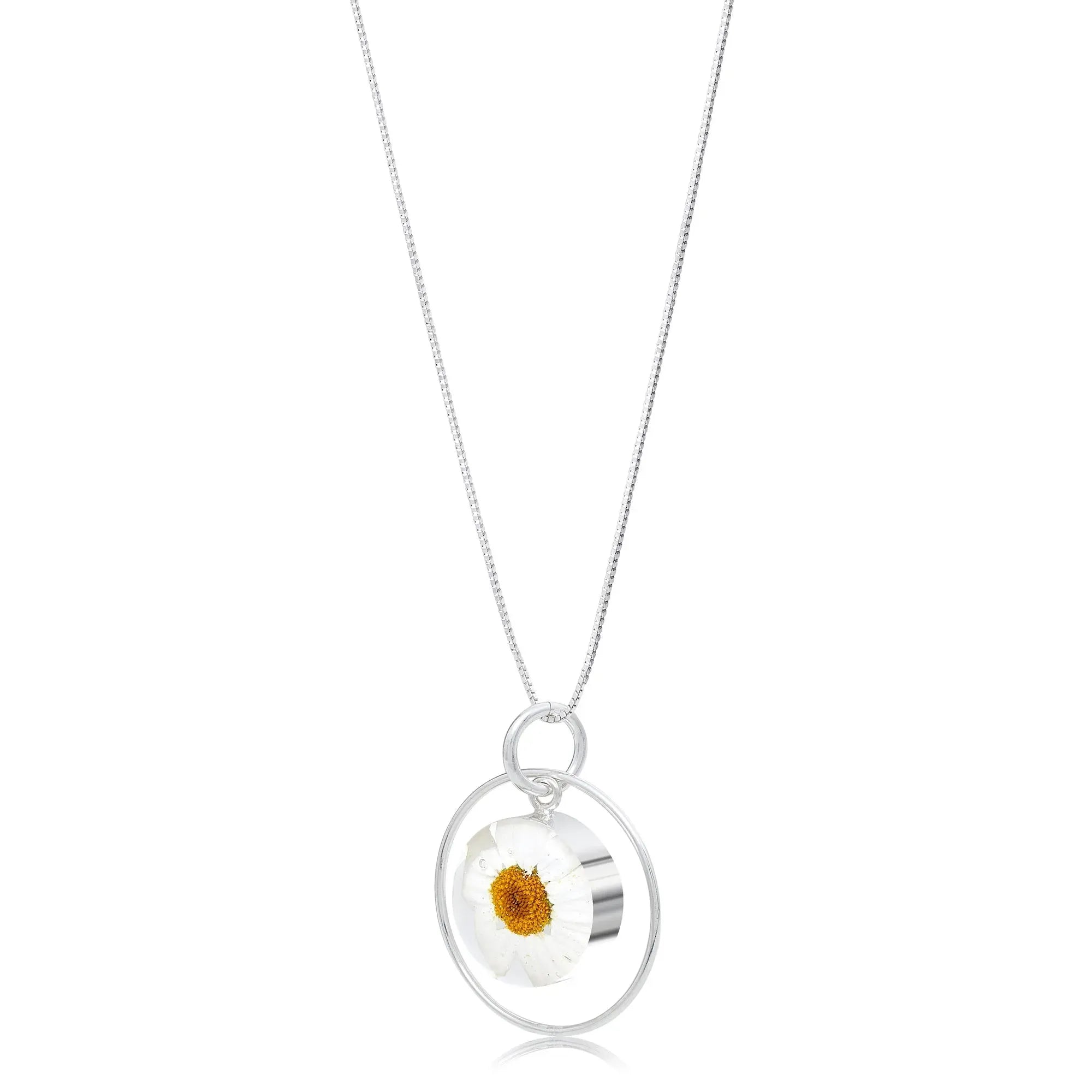 Real White Daisy Pendant Necklace – Sterling Silver Circle Pendant