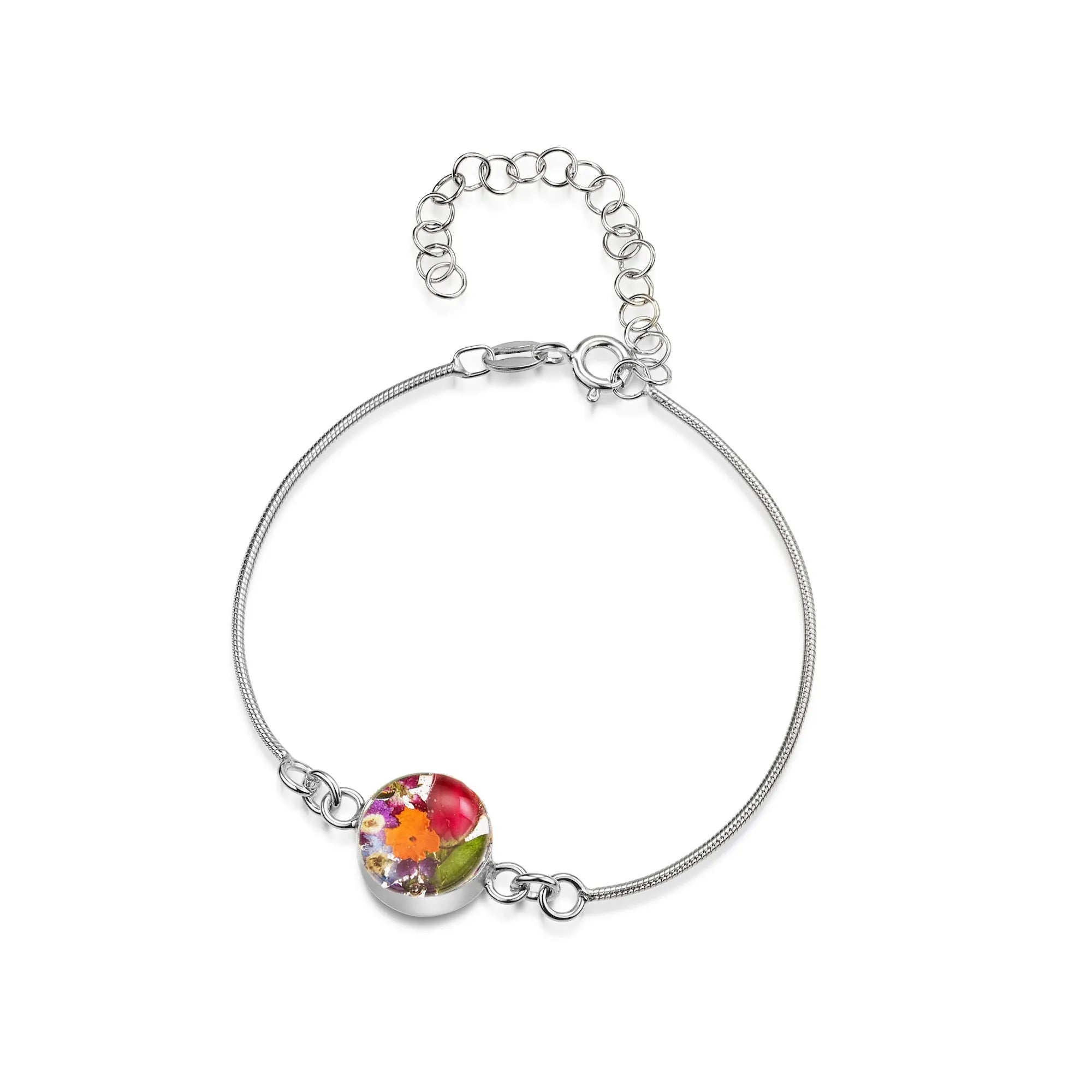 Bracciale a catena a serpente in argento sterling con fiori veri – Gioielli botanici fatti a mano