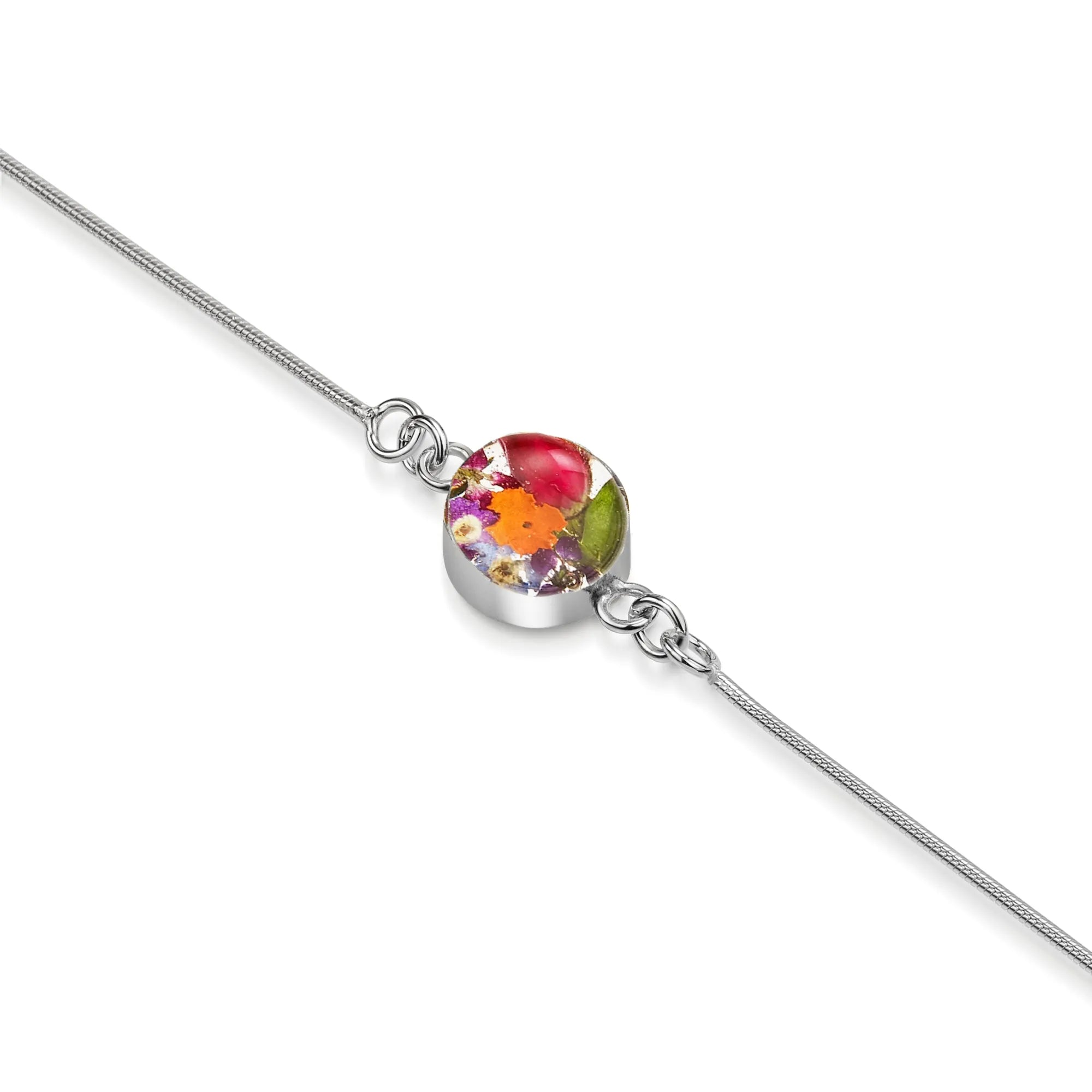 Bracciale a catena a serpente in argento sterling con fiori veri – Gioielli botanici fatti a mano