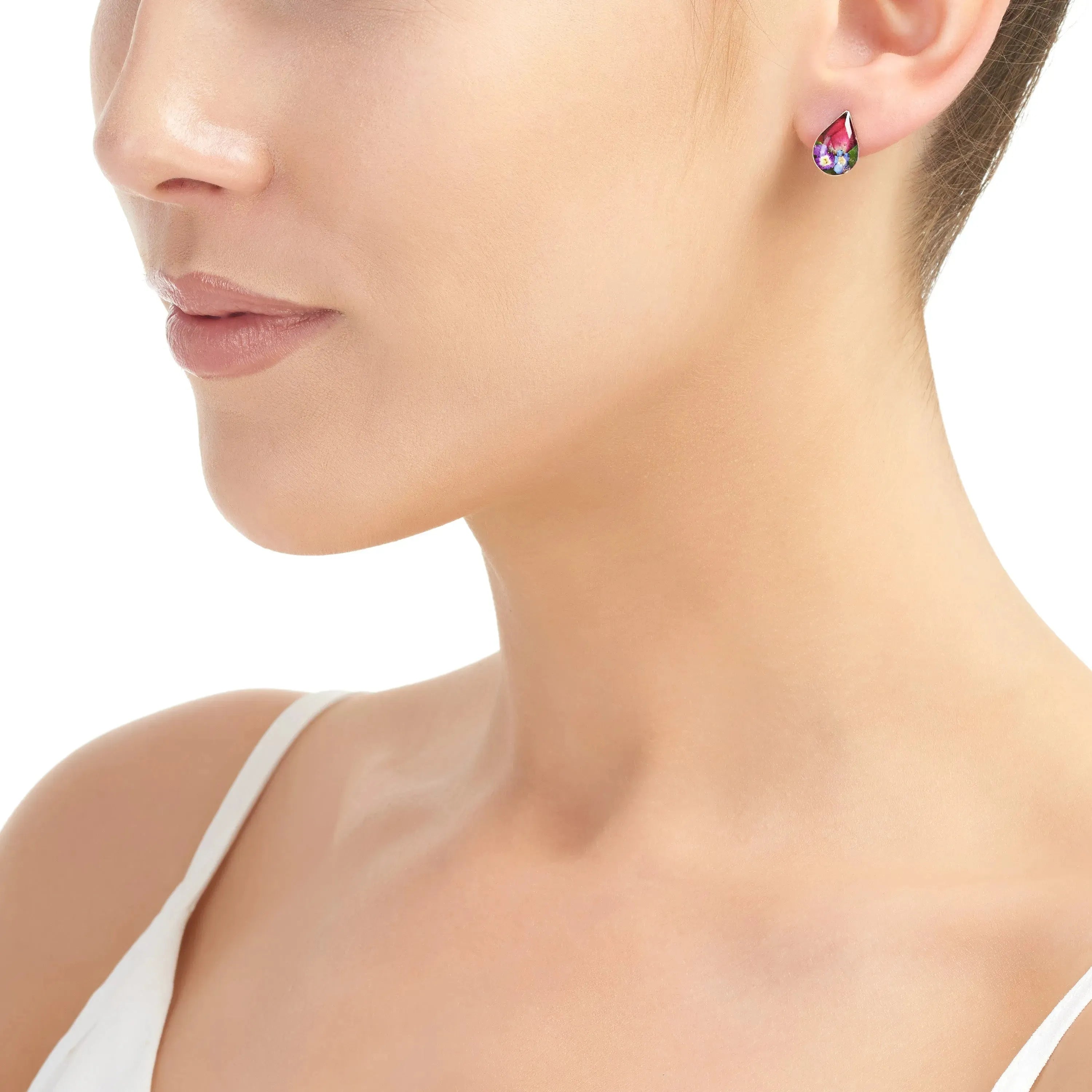 Orecchini a bottone a goccia in argento sterling con fiori veri