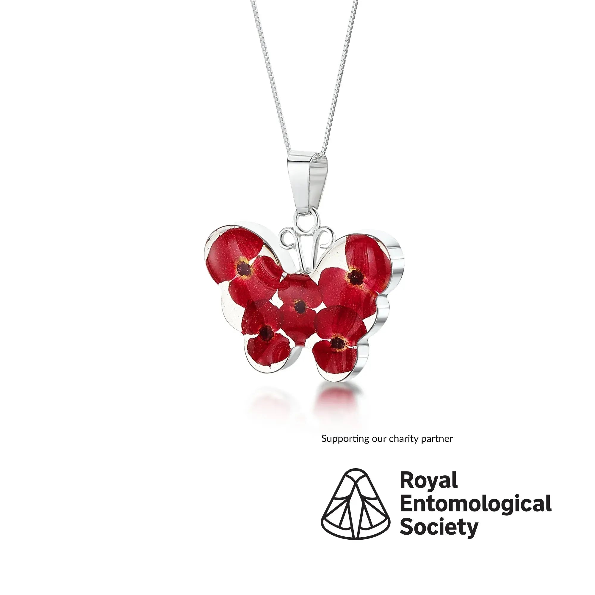 Poppy butterfly necklace by Shrieking Violet® Sterling silver pendant handmade with real Euphorbia milii flowers. jewellery gift for butterfly lovers