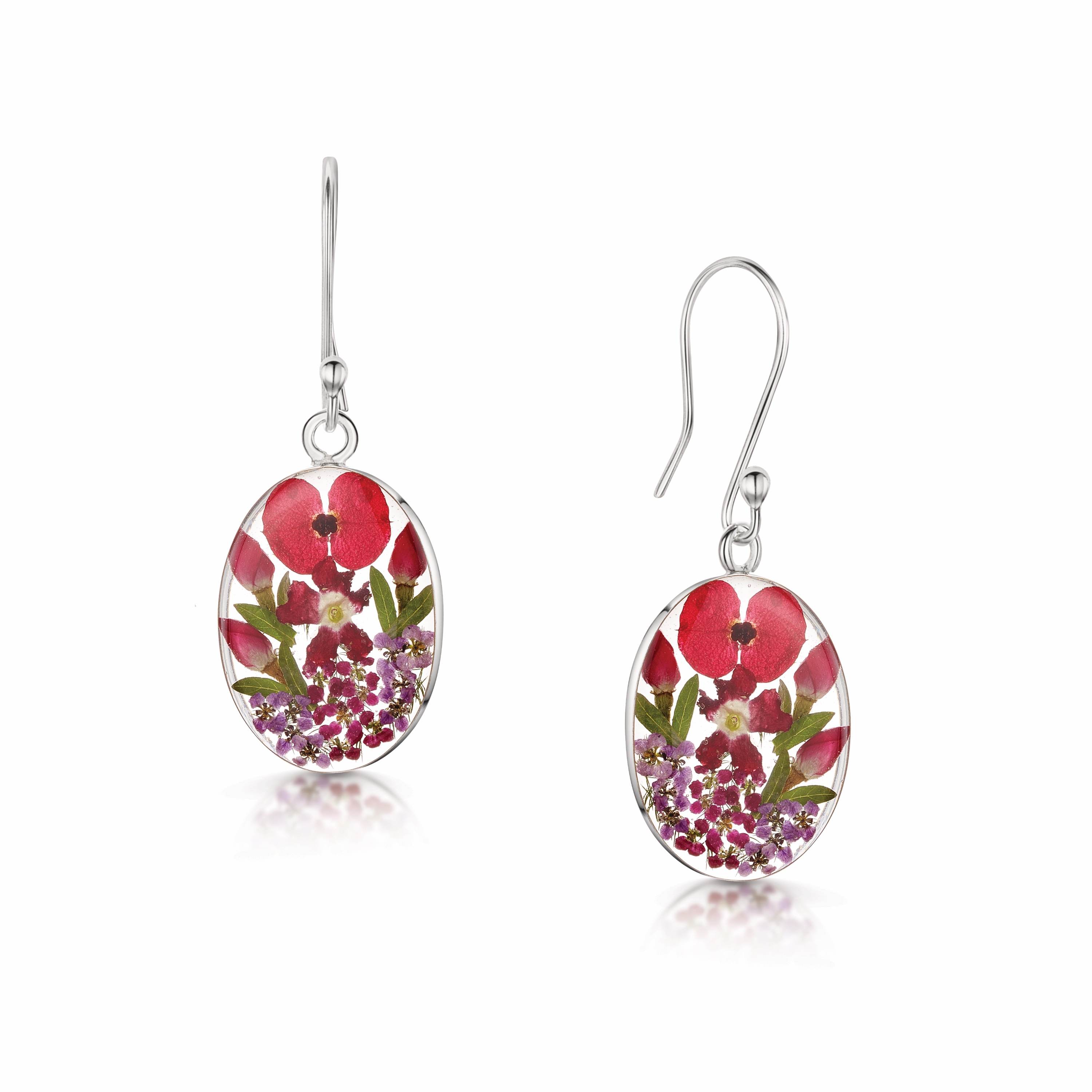 Ovale Tropfenohrringe Bohemia aus Sterlingsilber – handgefertigt mit echten Blumen