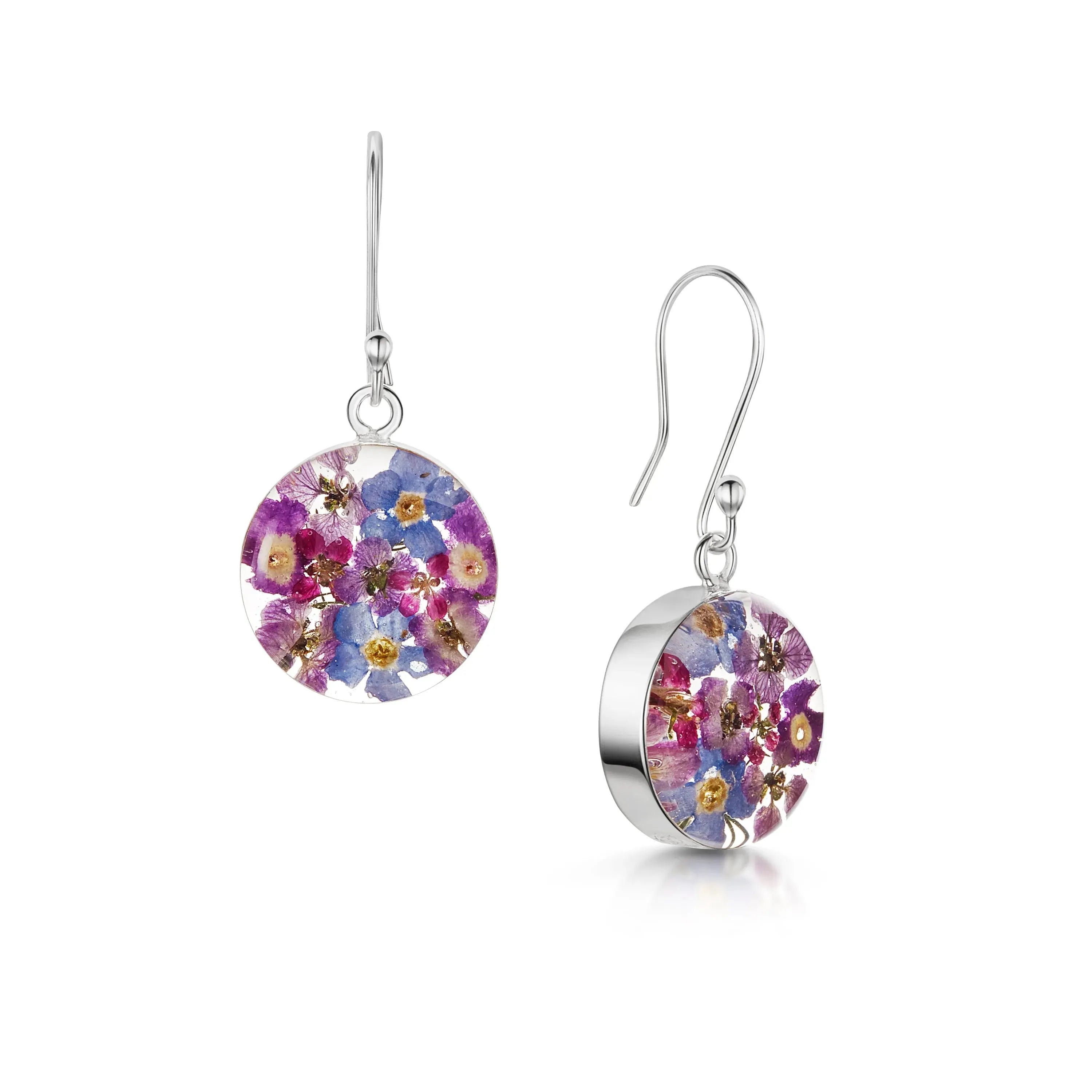Pendientes colgantes de plata de ley con flores moradas: hechos a mano con flores auténticas.