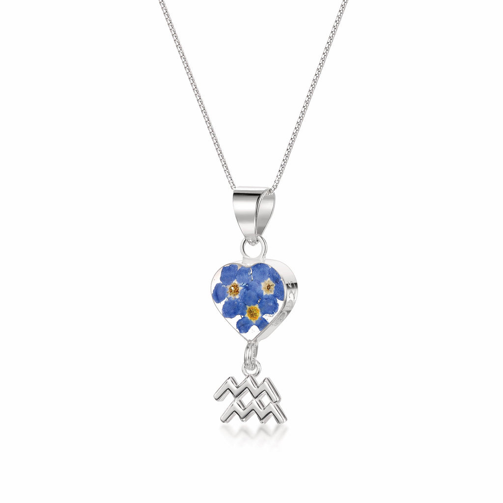 Aquarius Necklace - Sterling silver pendant with real flowers & a zodiac charm. More Options...