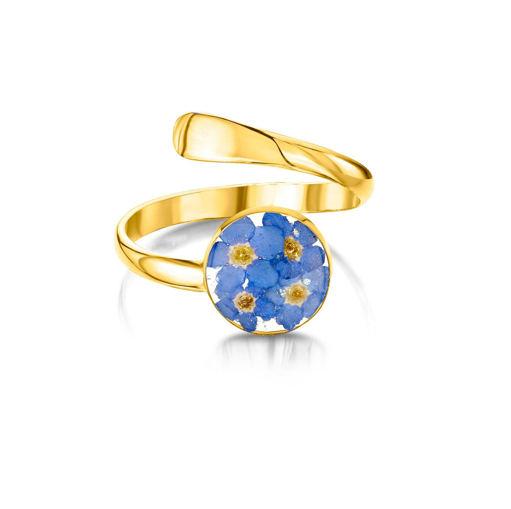 Flower jewellery by Shrieking Violet® Gold-plated sterling silver adjustable ring with real forget me nots. Ideal gift for mothers day, nan, wife
