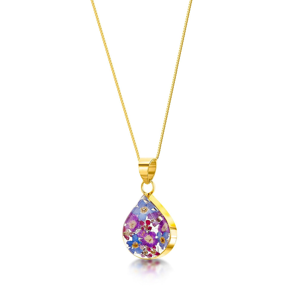 Flower jewellery by Shrieking Violet® Gold-plated sterling silver teardrop pendant necklace with real flowers. Gift ideas for girlfriend or wife