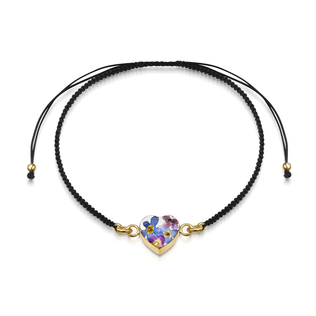 Gold plated black woven bracelet with flower charm - Purple Haze - Heart
