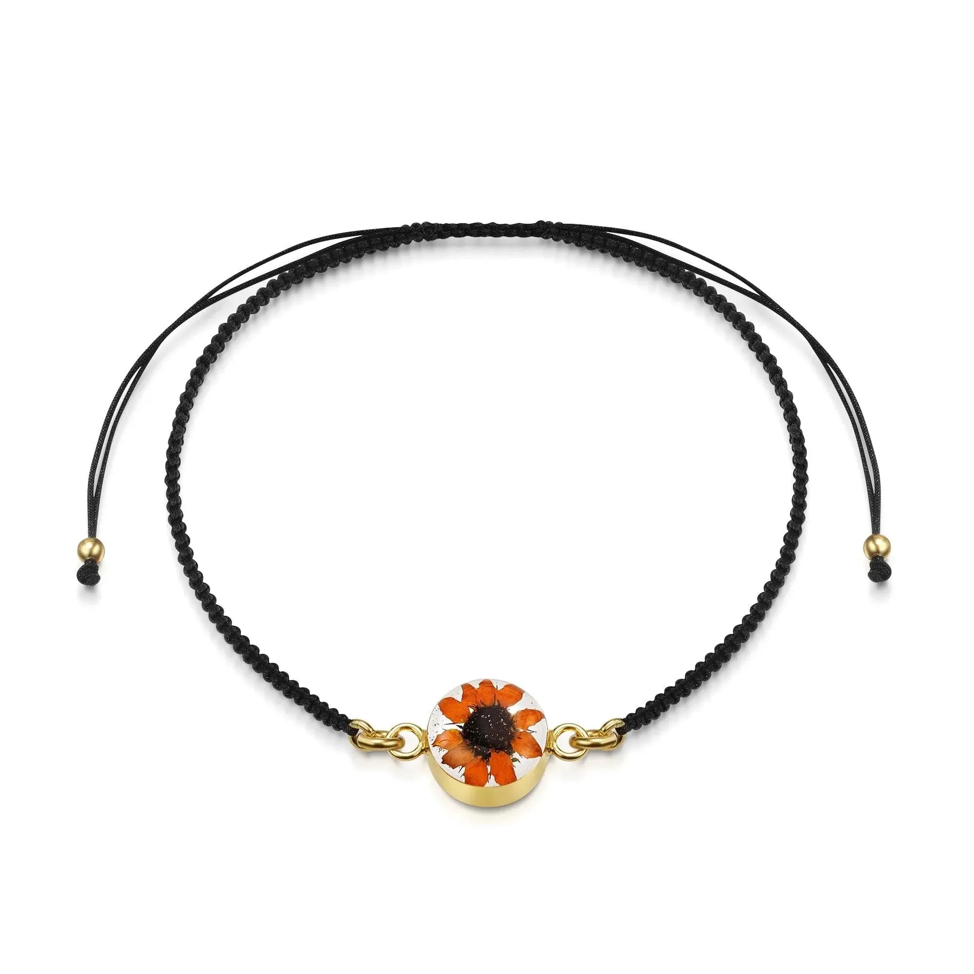 Gold plated black woven bracelet with flower charm - Sunflower - Round