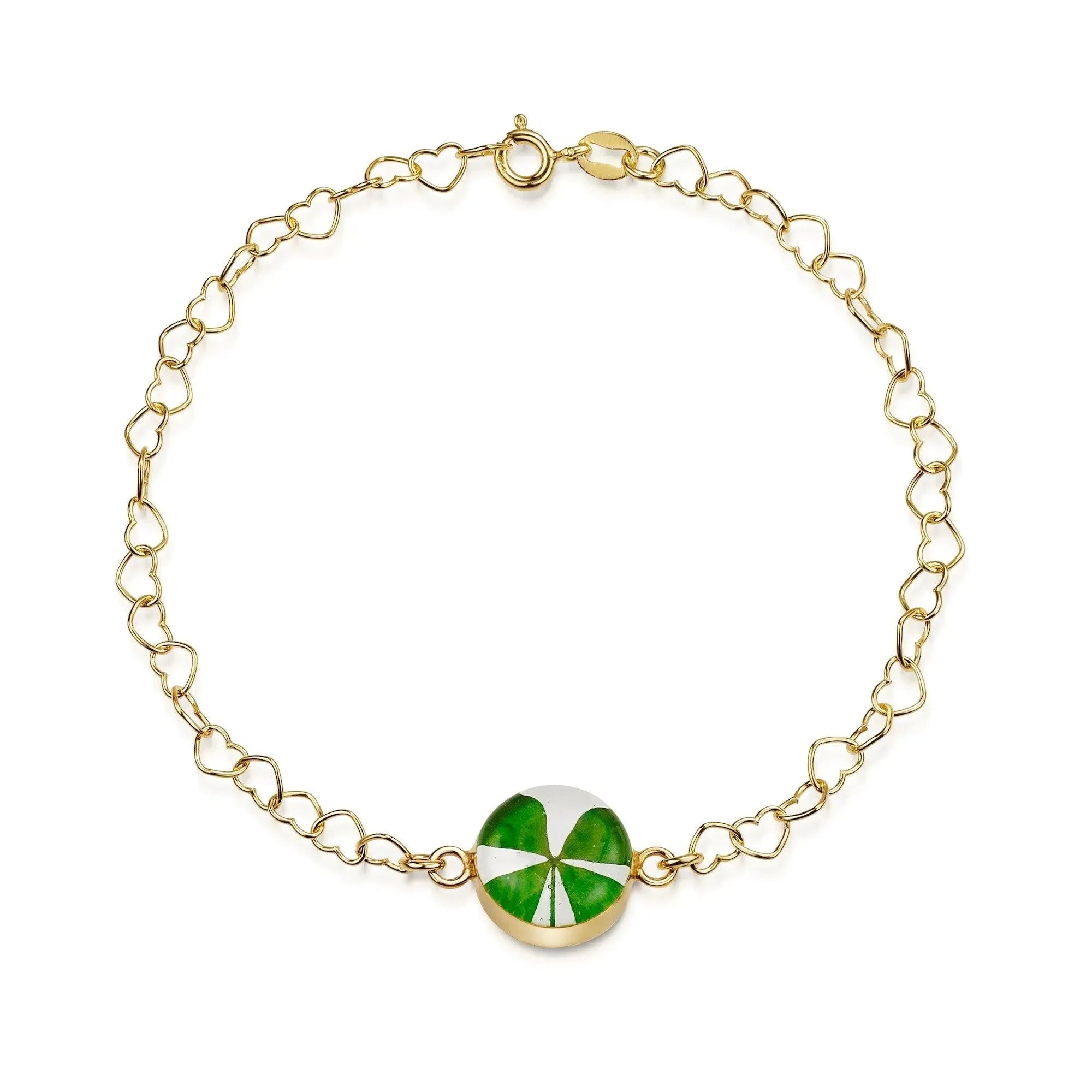 Gold plated Heart linked chain bracelet with flower charm - Clover - Round