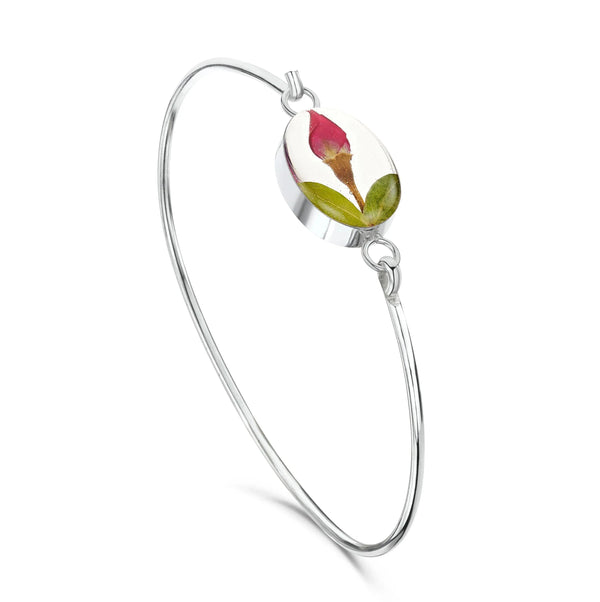 Bracciale Ovale In Argento 925 Con Bocciolo Di Rosa Vero Conservato In Resina – Regalo In Scatola Nera
