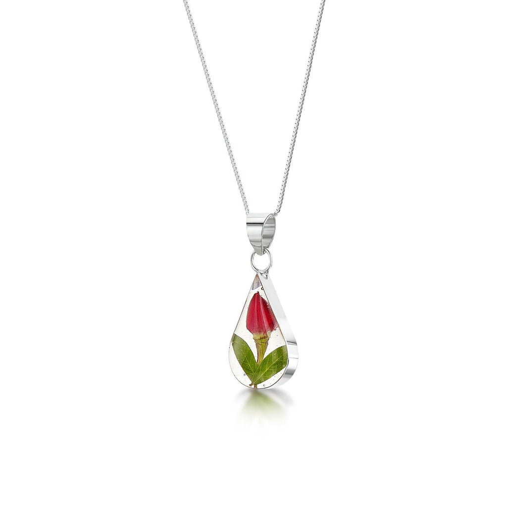Miniature rose necklace by Shrieking Violet® Sterling silver teardrop pendant with a real rose. with giftbox. Valentine jewellery gift