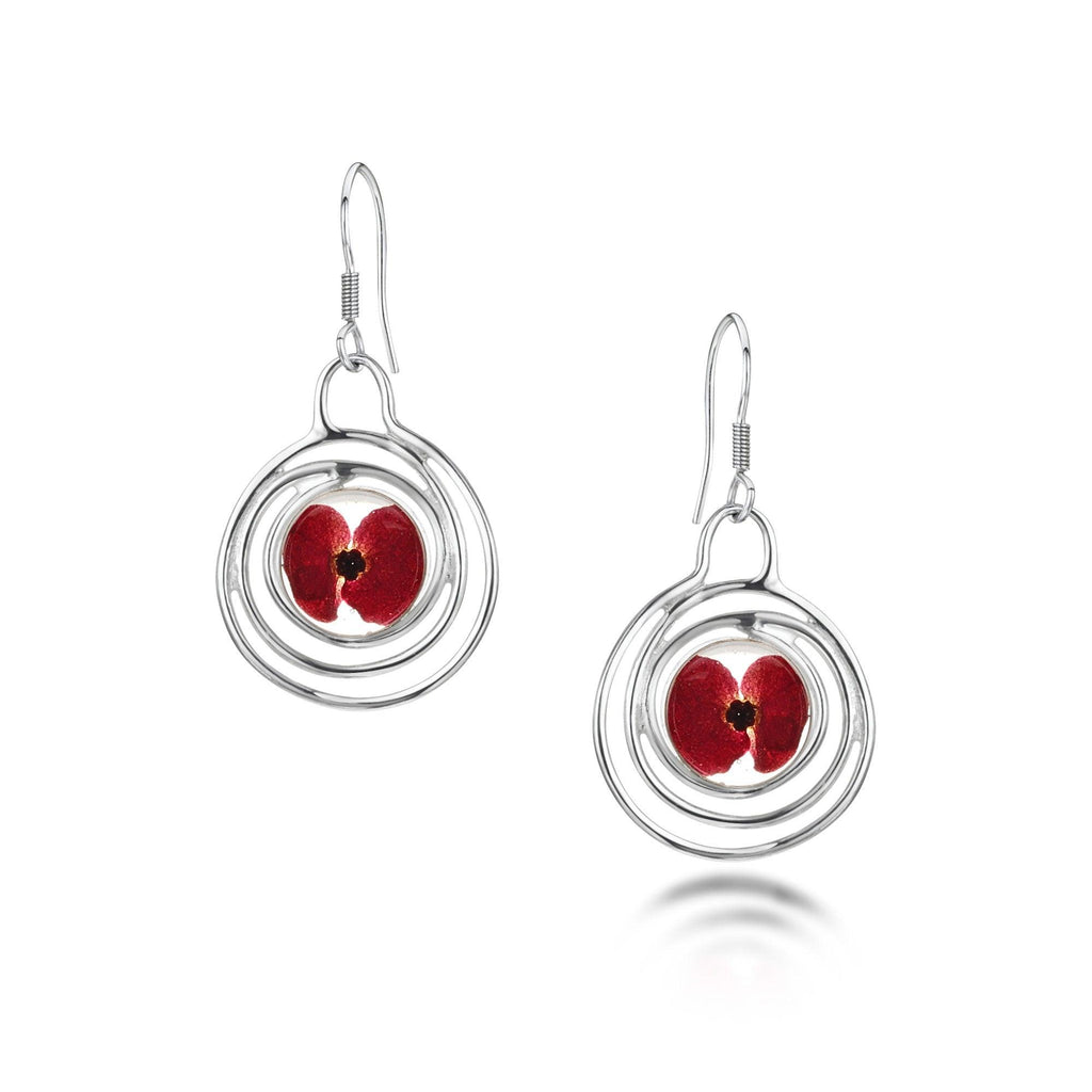 Poppy earrings by Shrieking Violet® Sterling silver drop dangle spiral earrings with real flowers. Thoughtful jewellery gift for a special lady