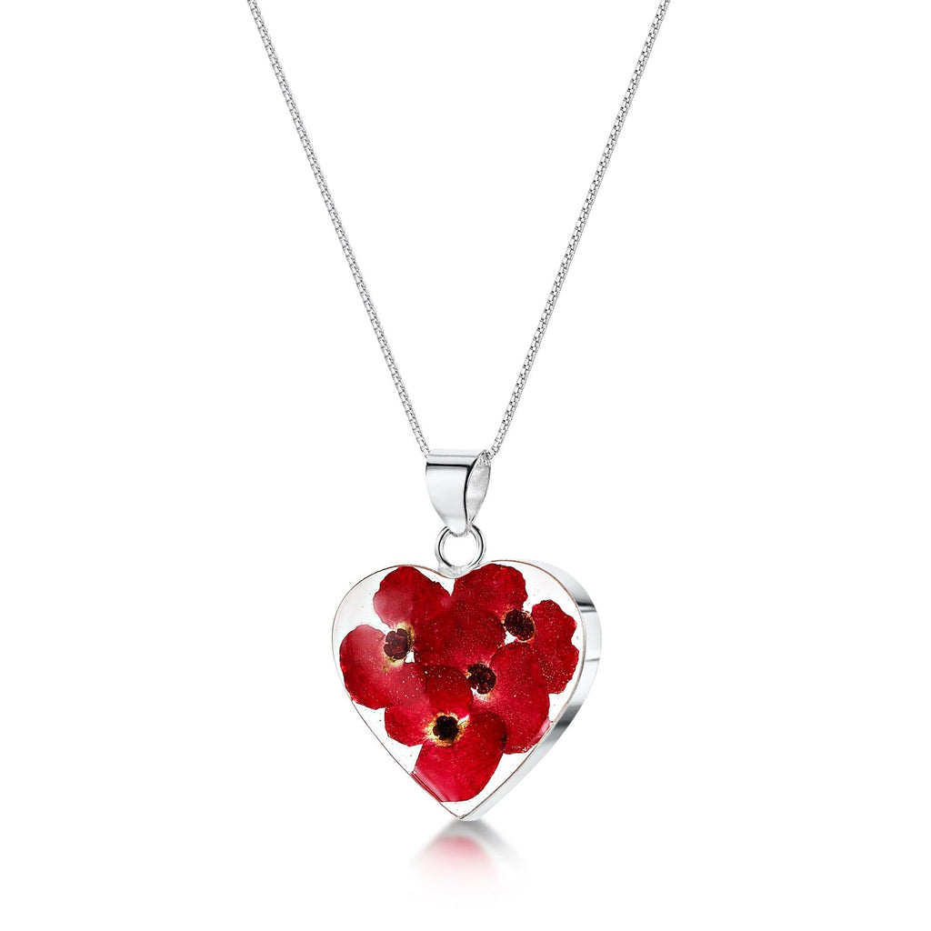 Poppy heart necklace by Shrieking Violet® Sterling silver pendant handmade with real red Euphorbia milii flowers. jewellery gift for poppy lovers