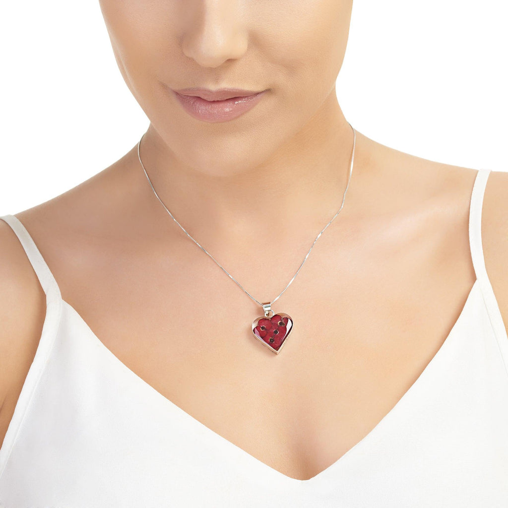 Poppy heart necklace by Shrieking Violet® Sterling silver pendant handmade with real red Euphorbia milii flowers. jewellery gift for poppy lovers