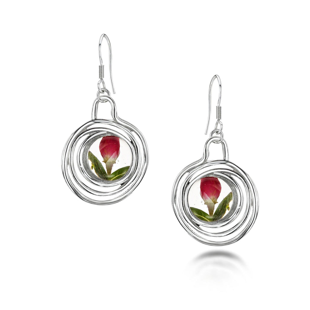 Rose earrings by Shrieking Violet® Sterling silver drop dangle spiral earrings with real flowers. Thoughtful jewellery gift for a special lady
