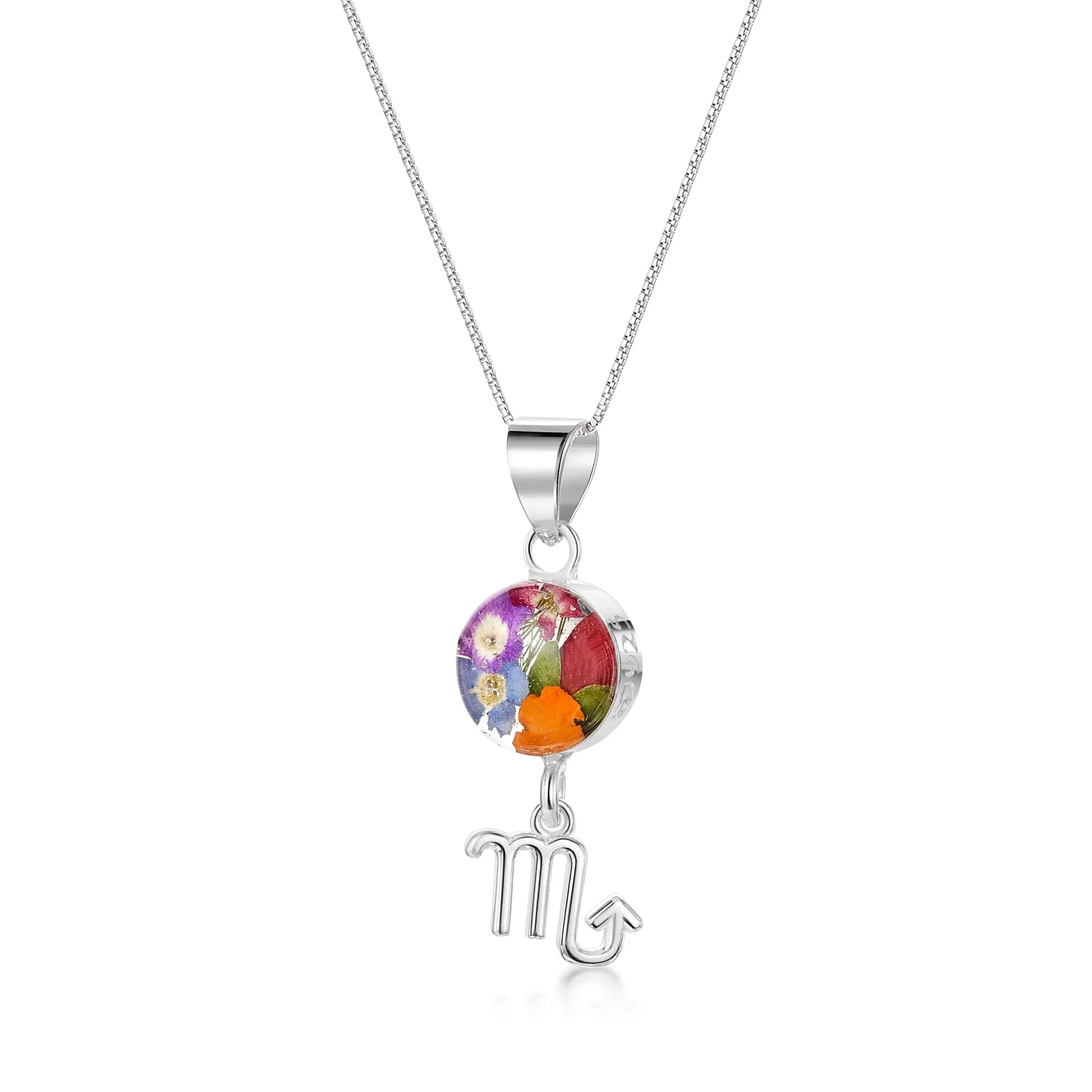 Scorpio Necklace - Sterling silver pendant with real flowers & a zodiac charm. More Options...