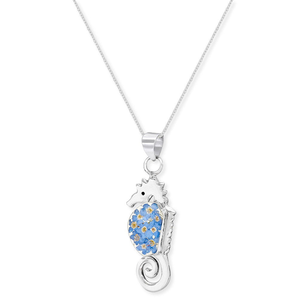 Seahorse necklace by Shrieking Violet® Sterling silver pendant with real forget-me-nots. Ideal gift for diver or maritime lover.