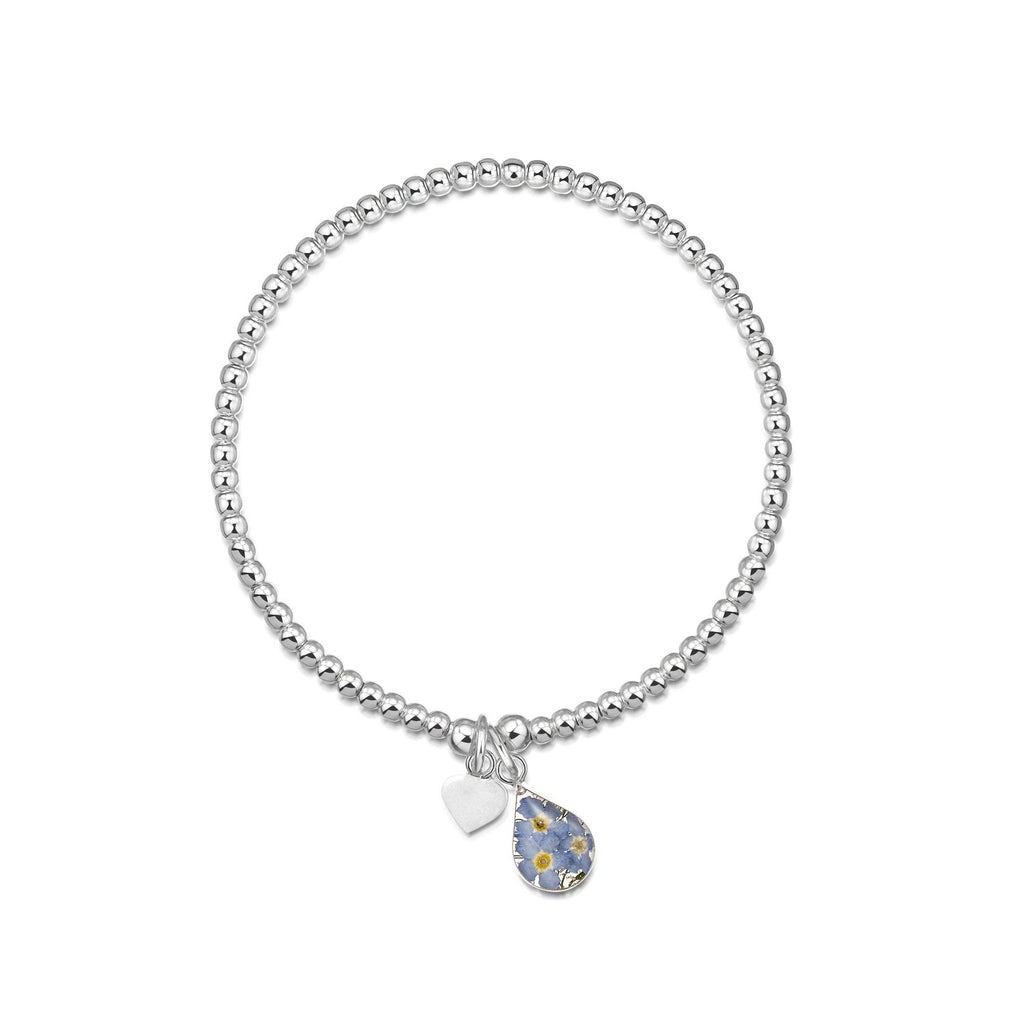 Silver Bead Elasticated Bracelet - Single strand - Real Forget me not hanging charm