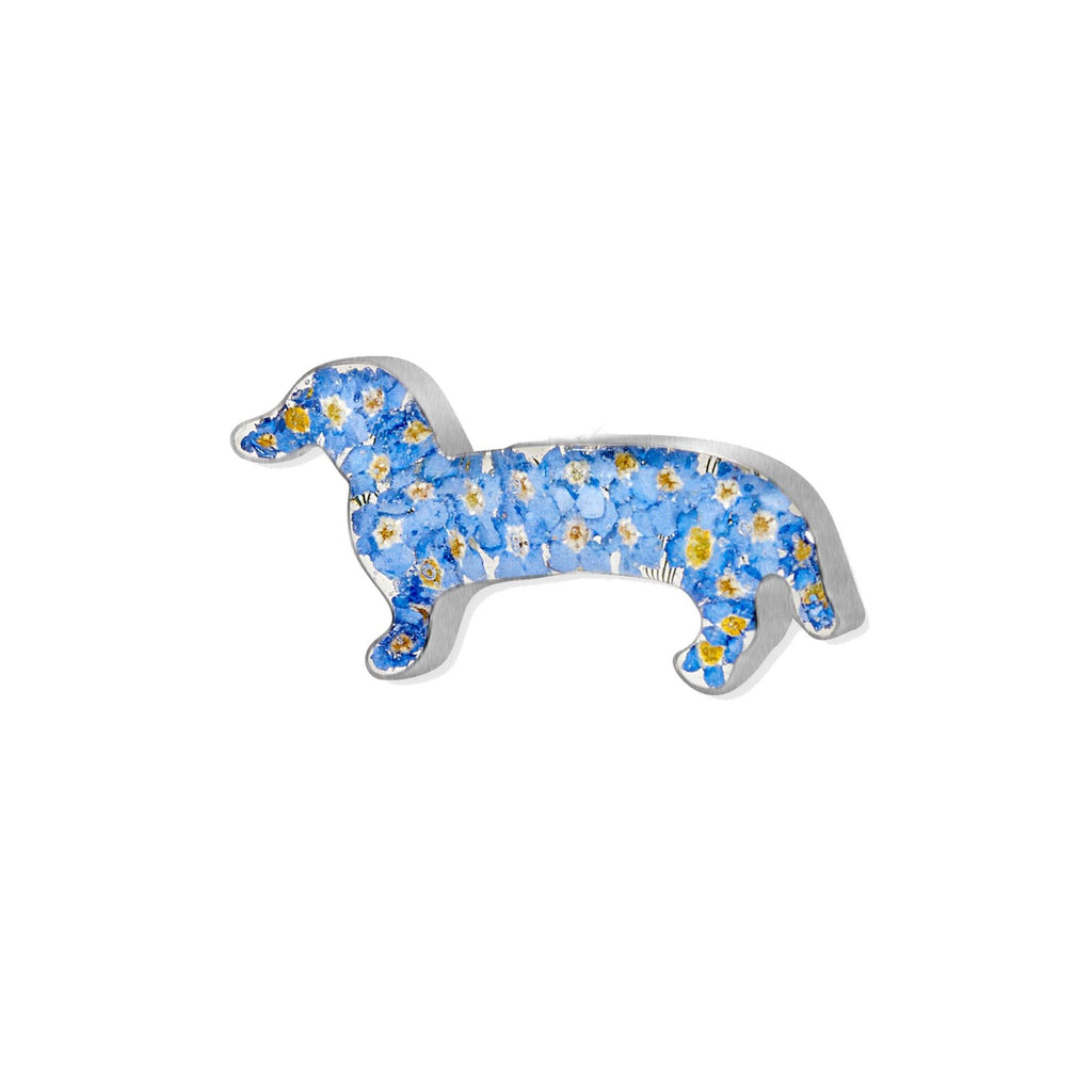 Silver Brooch with plated pin-Forget-me-nots-Dachshund
