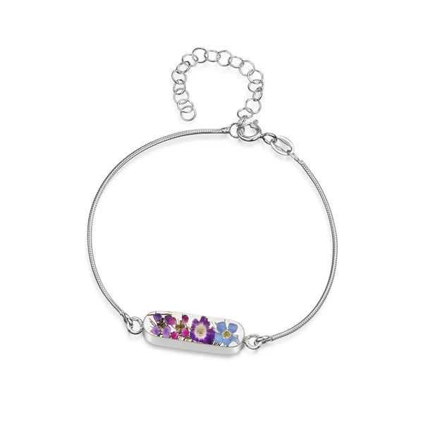 Bracciale Shrieking Violet In Argento 925 Con Fiore Vero Racchiuso In Resina - Forma Ovale Stretta, Catena Serpente 19,8 Cm - Gioiello Fatto A Mano Per Amiche E Mamme - copertina