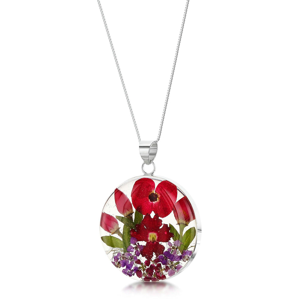 Sterling Silver necklace handmade with real flowers by Shrieking Violet - Bohemia collection - Poppy & Rose - Round pendant with chain
