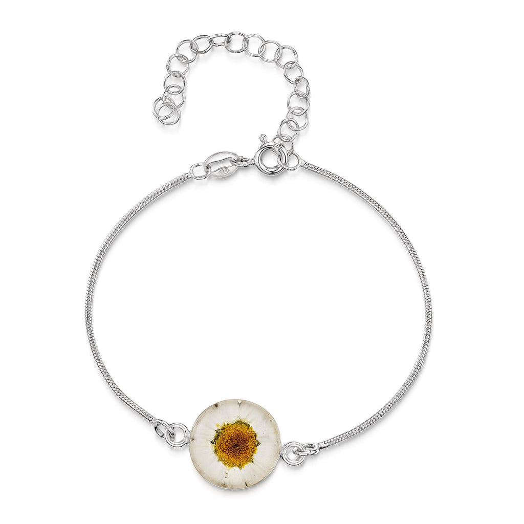 Sterling silver snake bracelet - Round charm - Daisy