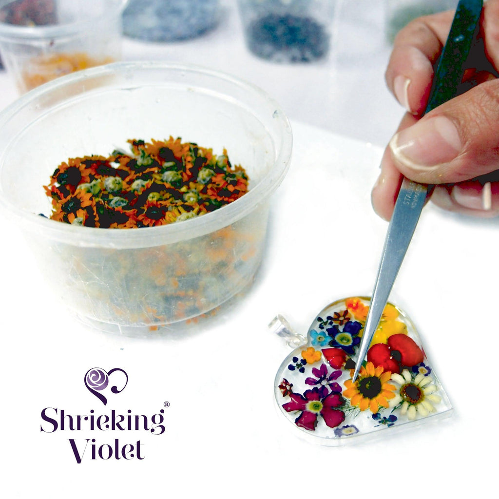 Sterling silver teardrop dangle earrings handmade with real flowers. Natural floral jewellery by Shrieking Violet®
