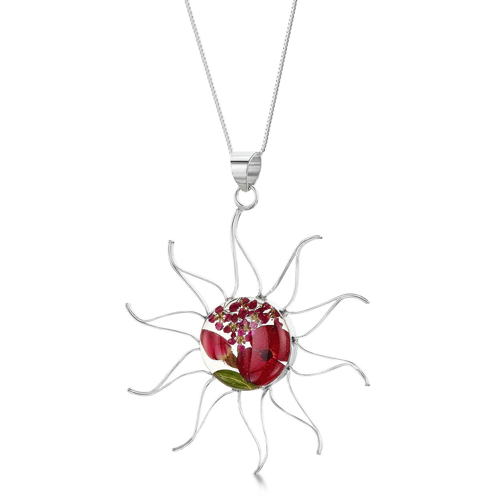 Sun necklace handmade with real flowers by Shrieking Violet - Bohemia collection - Poppy & Rose - Sterling silver sun pendant with chain