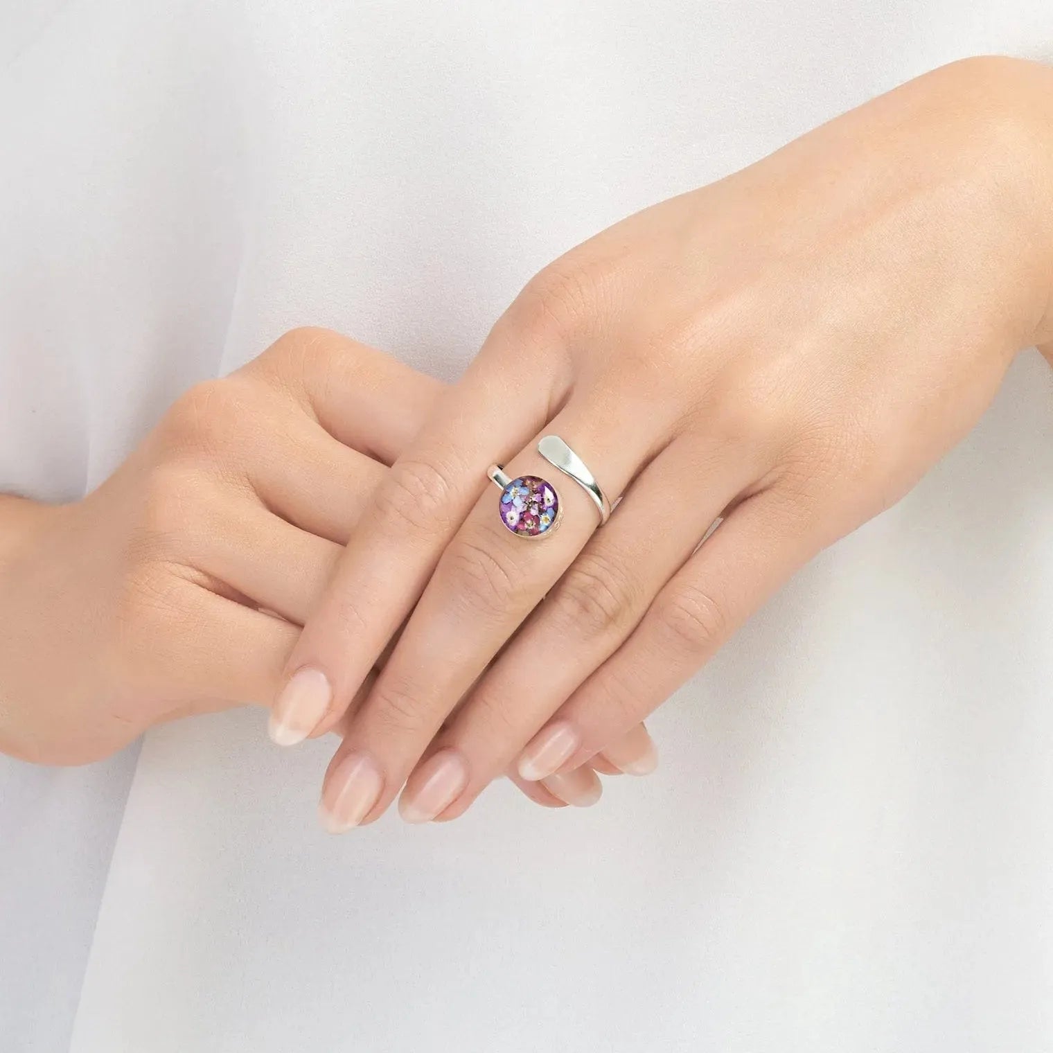 Sterling silver adjustable ring handmade with Purple Verbenas and Forget-me-not flowers