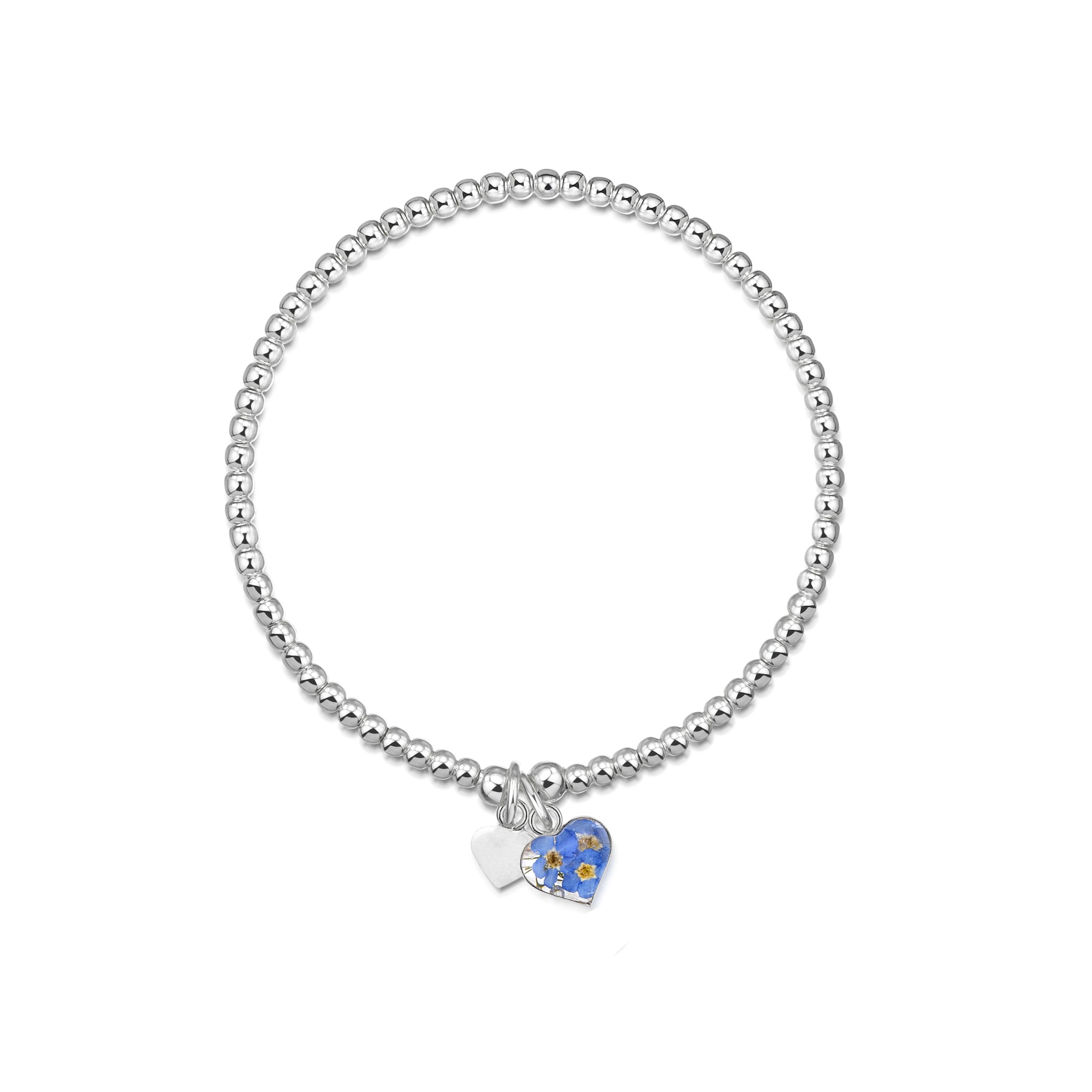 Forget Me Not Silver Heart Charm Stretch Bead Bracelet
