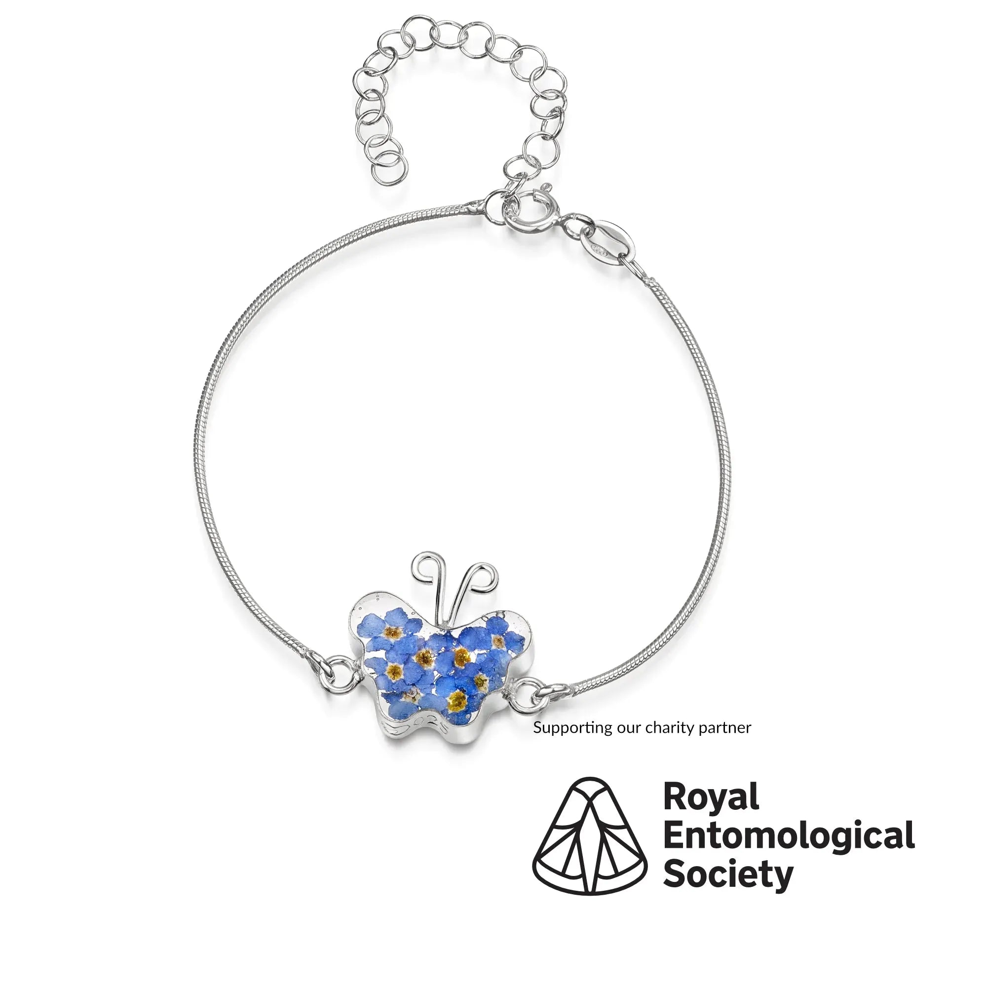 Pulseira cobra em prata esterlina com pingente de flor - Forget-me-not - Borboleta