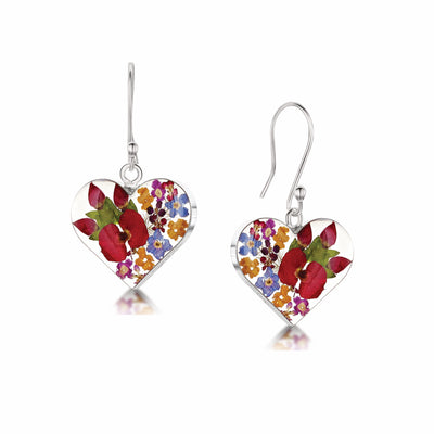 Mixed Flower Heart Drop Earrings in Sterling Silver – Handmade with Real Flowers