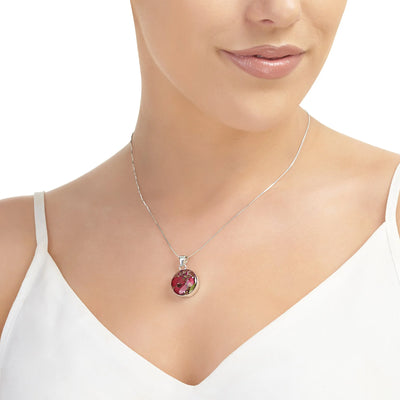 Small Round Pendant with Real Euphorbia Flowers – Silver