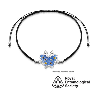 Pulseira de prata esterlina preta com pingente de flor - Forget-me-not - Borboleta
