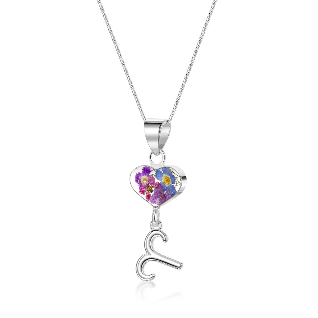 Aries Necklace - Sterling silver pendant with real flowers & a zodiac charm. More Options...