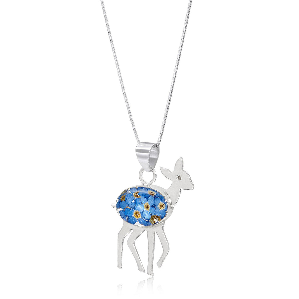 Deer necklace by Shrieking Violet® Sterling silver deer pendant with real forget-me-nots