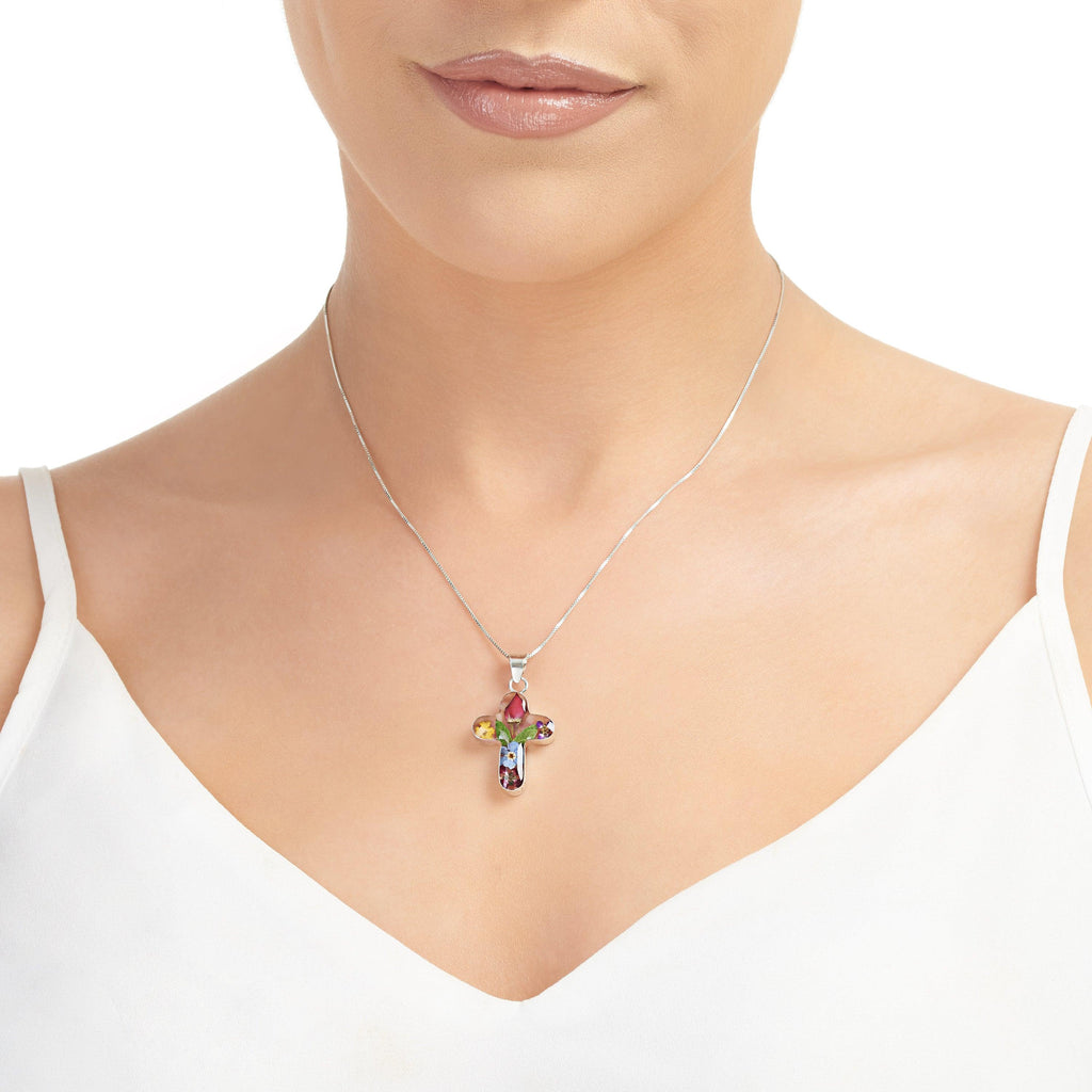 Flower cross necklace by Shrieking Violet® Sterling silver pendant handmade with real flowers. Perfect jewellery gift for Christmas.