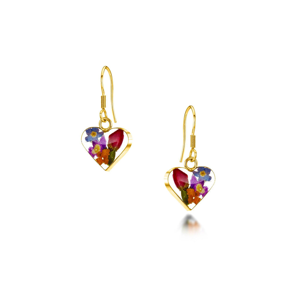 Flower earrings by Shrieking Violet® Gold-plated sterling silver heart earrings with real flowers. Thoughtful jewellery gift for a special lady