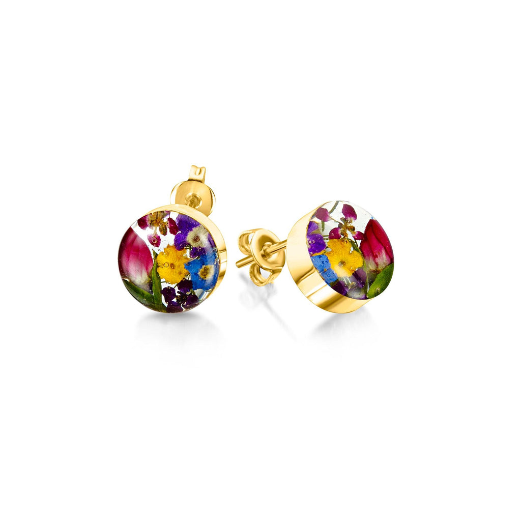 Flower earrings by Shrieking Violet® Gold-plated sterling silver round studs with real flowers. Mothers day, Grandmothers birthday, ladies gift