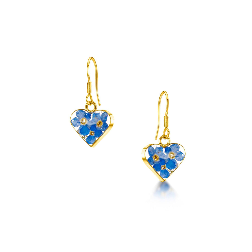 Flower jewellery by Shrieking Violet® Gold-plated sterling silver heart earrings with real forget me not flowers. Ideal gift for mum or nan
