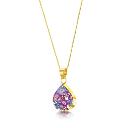 Flower jewellery by Shrieking Violet® Gold-plated sterling silver teardrop pendant necklace with real flowers. Gift ideas for girlfriend or wife