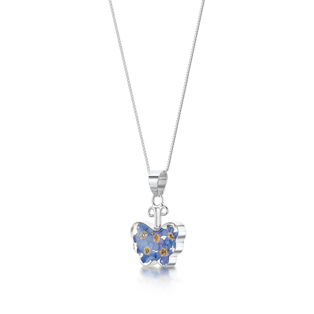 Forget-Me-Not Butterfly Sterling Silver Pendant Necklace - Real Flower Charm