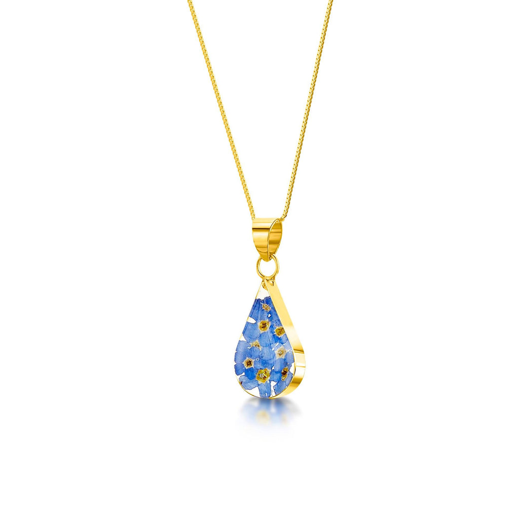 Forget-me-not necklace by Shrieking Violet® Gold-plated sterling silver teardrop pendant with real forget me not flowers.