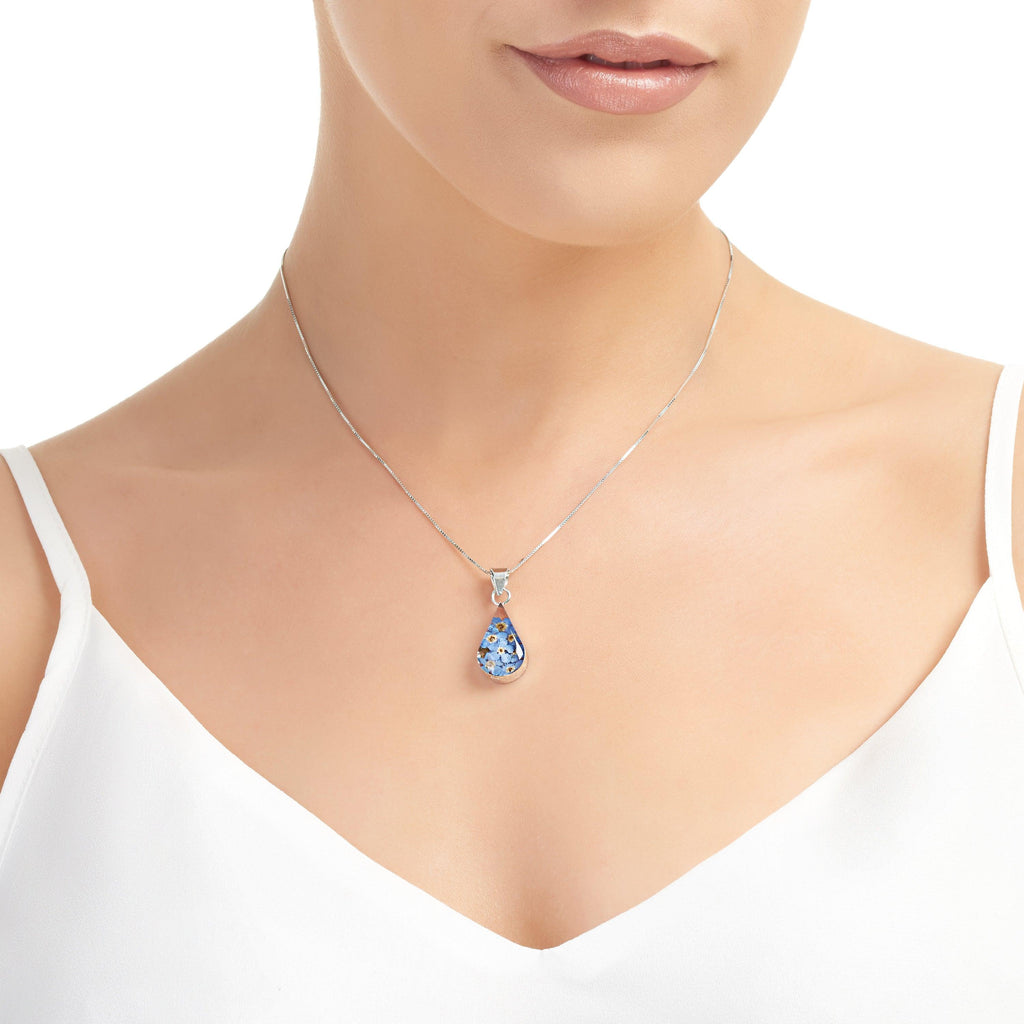 Forget-me-not necklace by Shrieking Violet® Sterling silver teardrop pendant with real forget-me-nots. Ideal for Mothers day or bridesmaid jewellery.