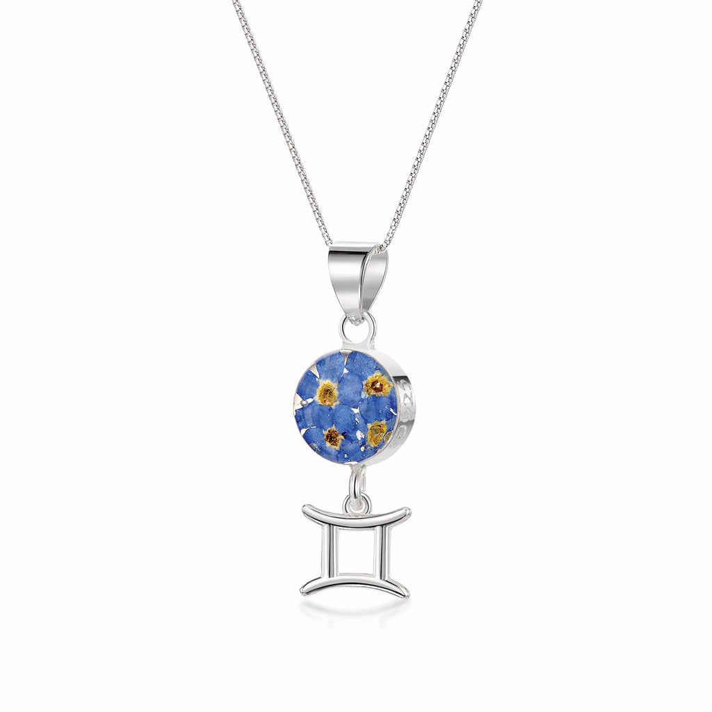 Gemini Necklace - Sterling silver pendant with real flowers & a zodiac charm. More Options...