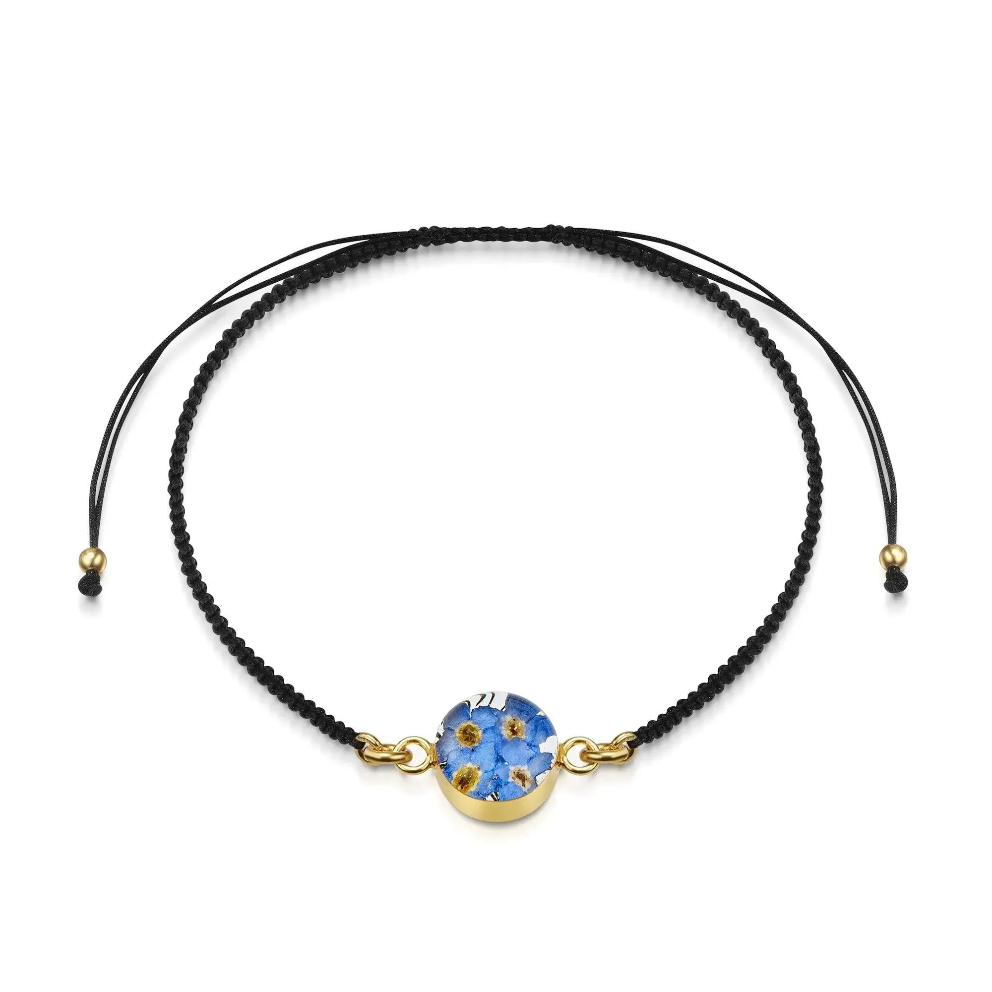 Gold plated black woven bracelet with flower charm - Forget-me-not - Round