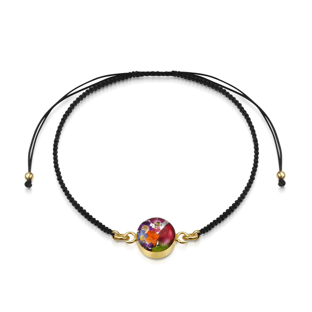 Gold plated black woven bracelet with flower charm - Mixed flower - Round