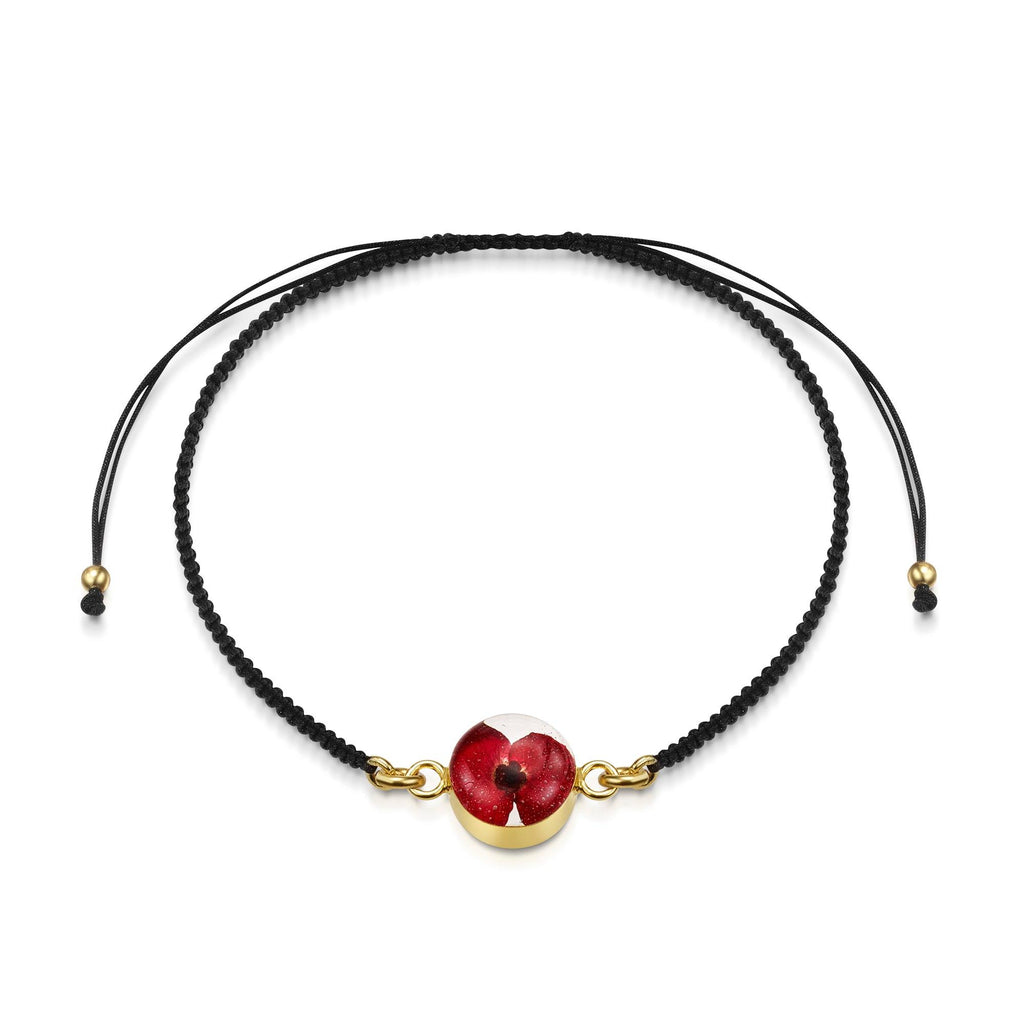 Gold plated black woven bracelet with flower charm - Poppy - Round