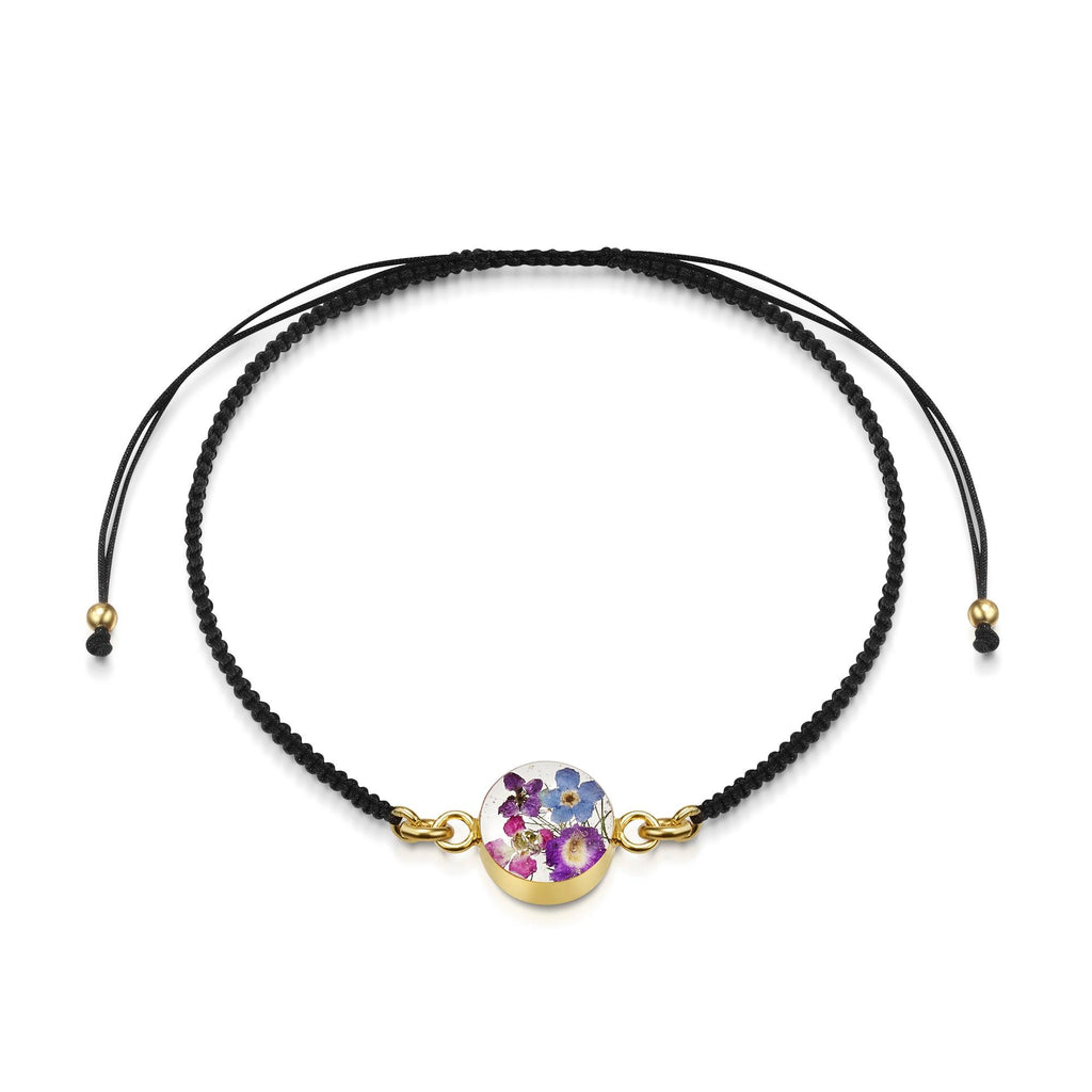 Gold plated black woven bracelet with flower charm - Purple Haze - Round