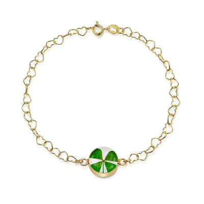 Gold plated Heart linked chain bracelet with flower charm - Clover - Round